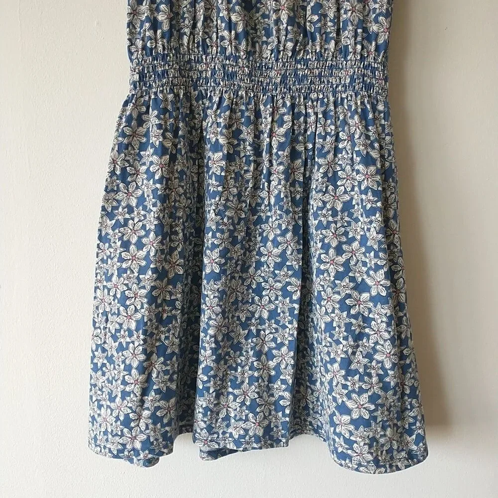 Gap Dress Girls XXL Blue Floral Elastic Waist Round Neck Short Sleeve Cotton